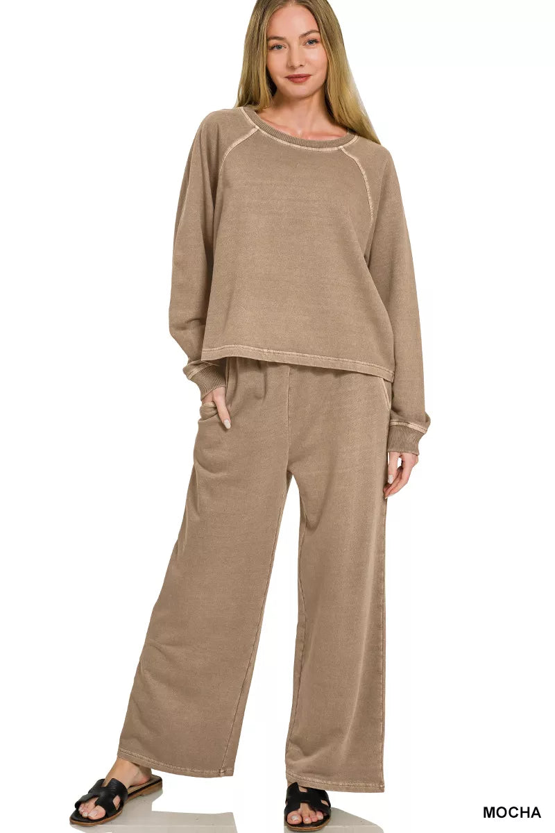 Mocha two-piece lounge set: round-neck pullover and straight wide-leg pants
