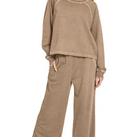 Mocha two-piece lounge set: round-neck pullover and straight wide-leg pants