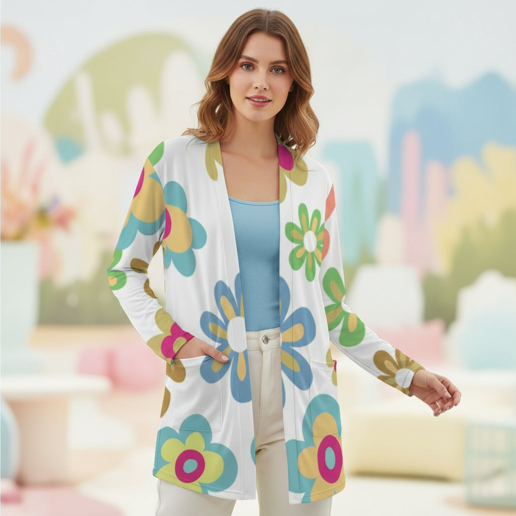 Cardigan Floral Print | White Multicolor Flower Pattern Sweater