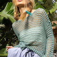 Dusky teal openwork knit cover-up with long sleeves and drawstring side slit