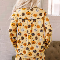 Gold Halloween-print lounge set, long-sleeve top with back yoke and ruffled hem