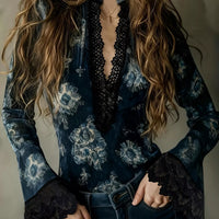 Navy lace-trim flare-sleeve blouse with scalloped lace V-neck