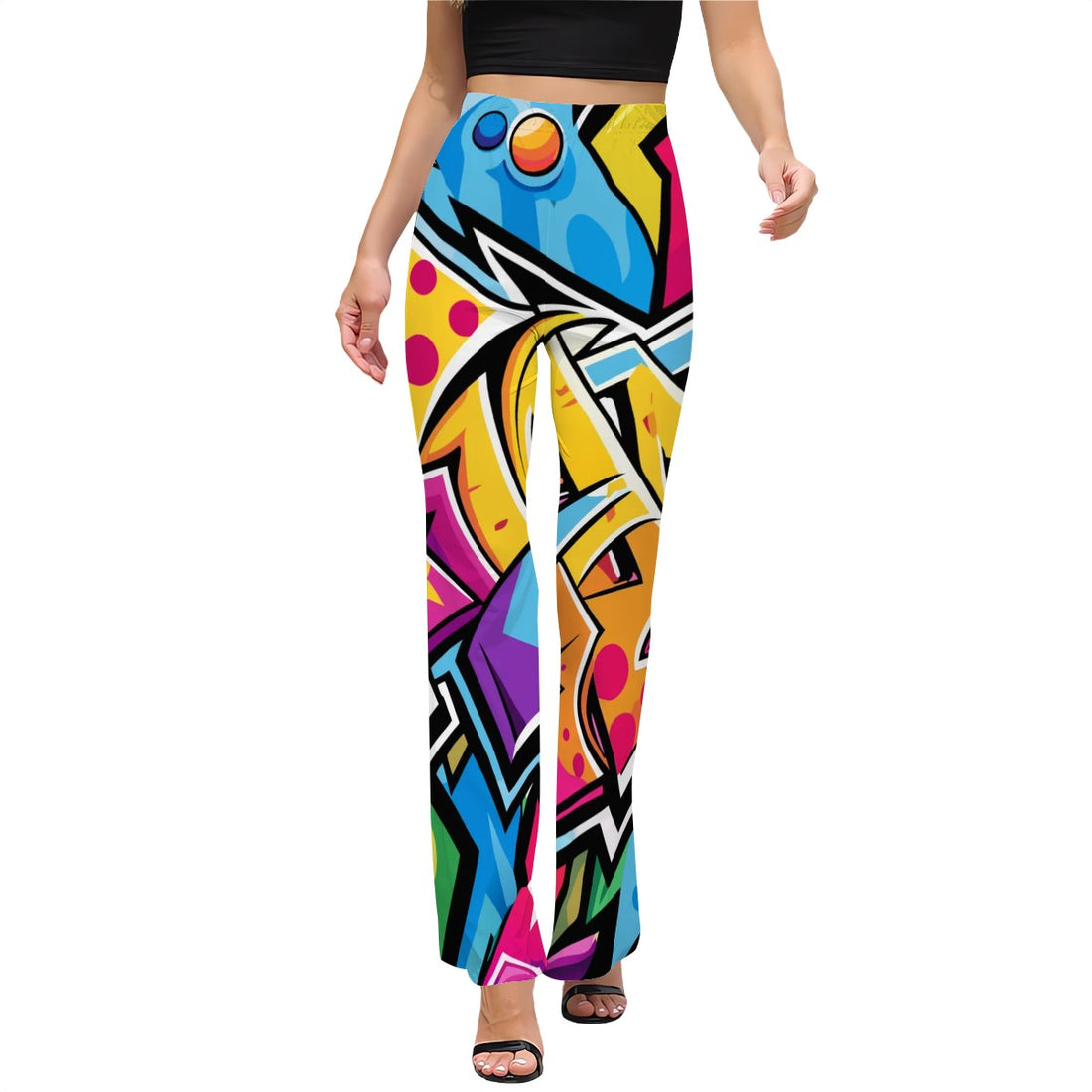 Graffiti Print High Waist Flared Pants Artistic Urban Style Trousers