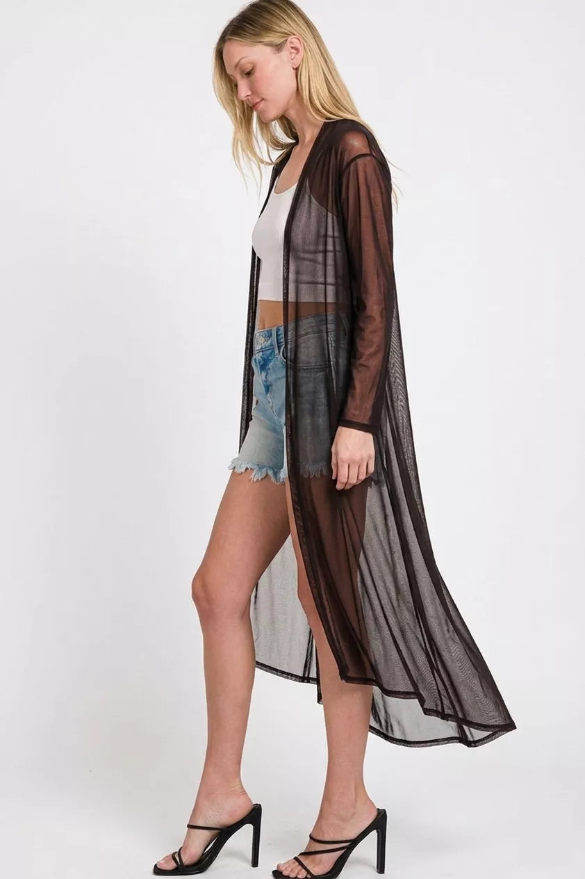 Black mesh open-front cardigan with long sleeves and draped midi hem