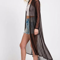 Black mesh open-front cardigan with long sleeves and draped midi hem