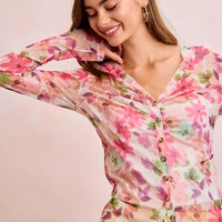 Floral mesh cardigan top with pink floral print, button front and V-neck, long sleeves