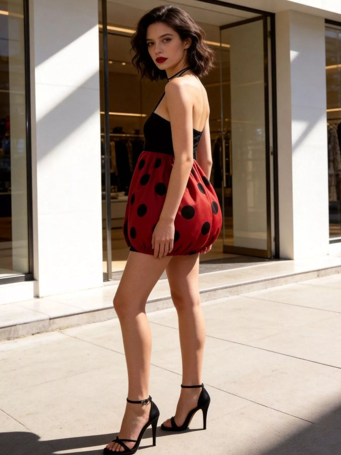 Deep red halter neck bubble dress with black ladybug spots, sleeveless