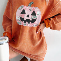 Orange sherbet tunic sweatshirt, round neck, patchwork jack-o'-lantern graphic front