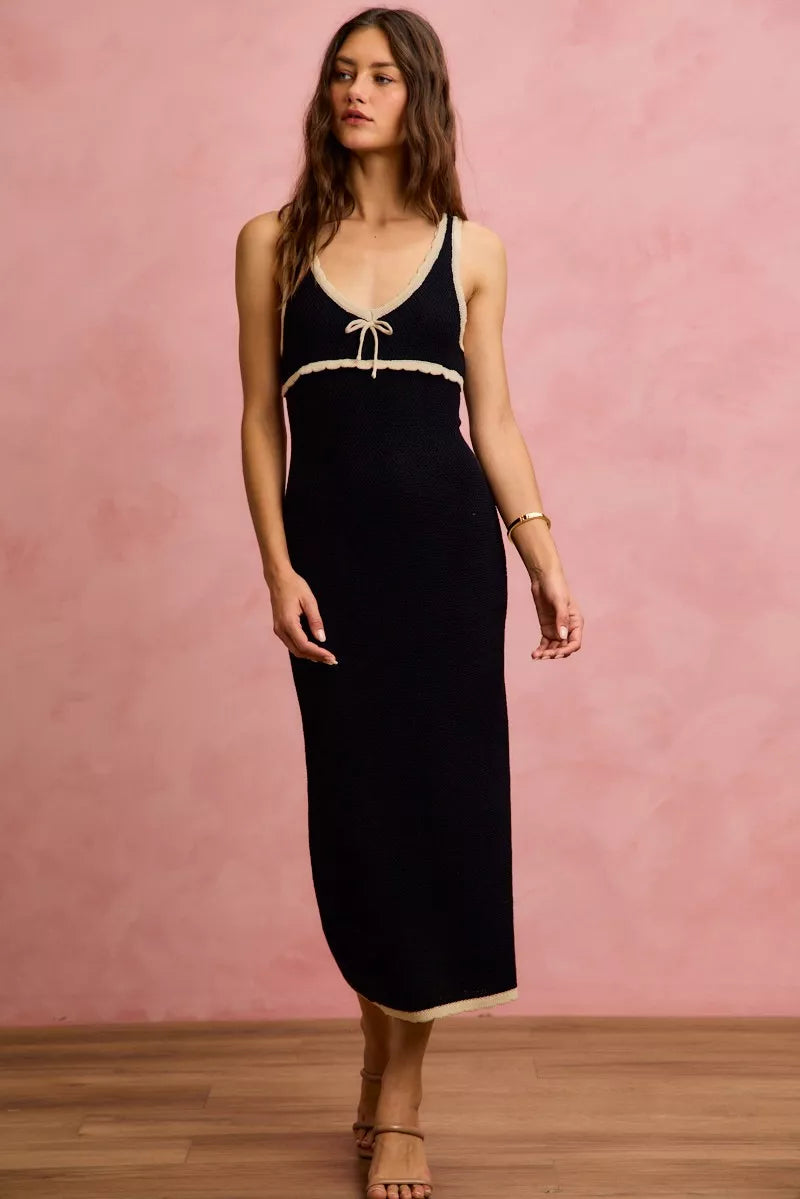 Black knit maxi sleeveless bodycon dress with oatmeal band and lace-up tie