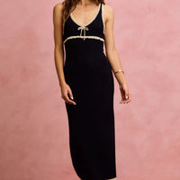 Black knit maxi sleeveless bodycon dress with oatmeal band and lace-up tie