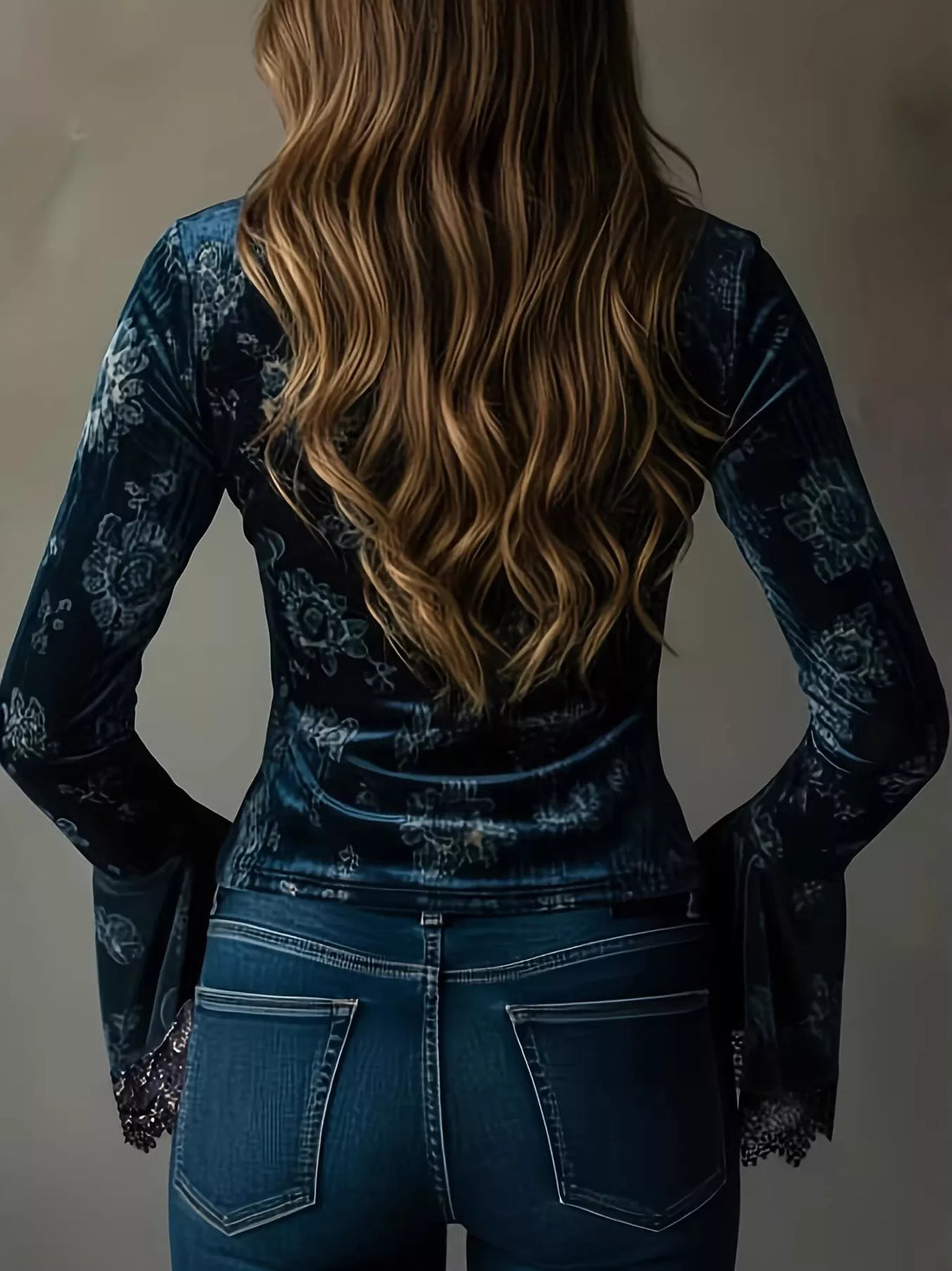 Dark blue blouse with lace cuffs and long fitted flare sleeves