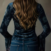 Dark blue blouse with lace cuffs and long fitted flare sleeves