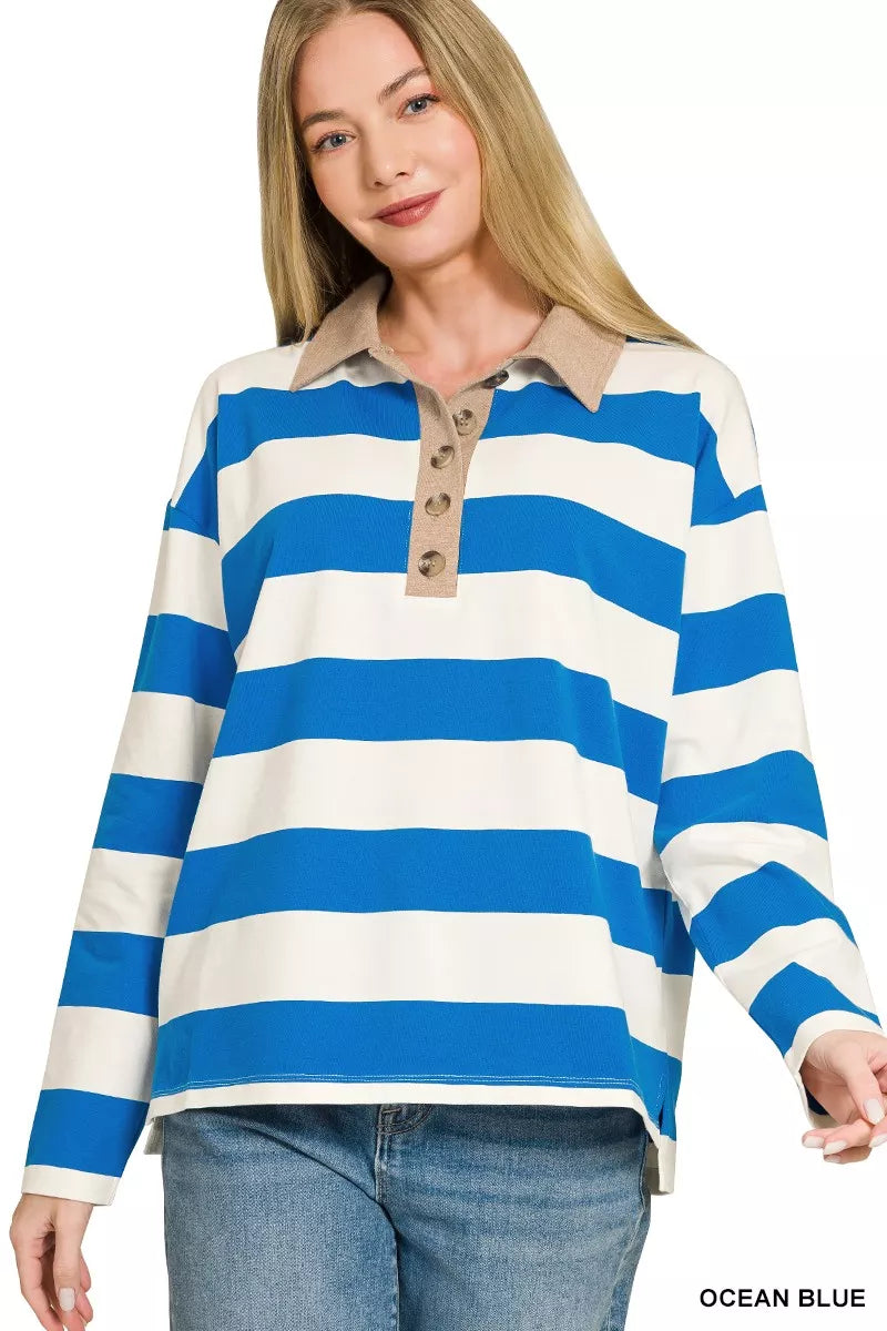 Ocean blue-and-white striped long-sleeve polo with contrast collar and button placket