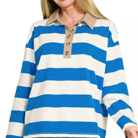 Ocean blue-and-white striped long-sleeve polo with contrast collar and button placket