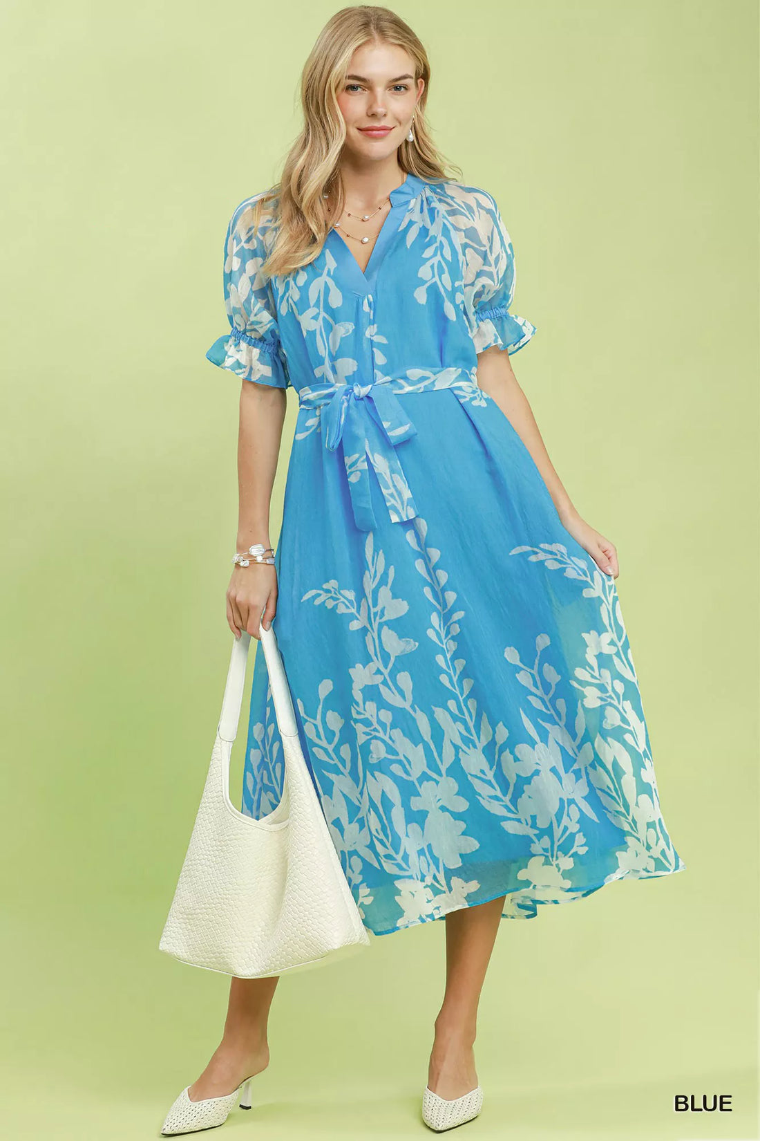 Blue floral tie-waist midi dress with ruffled sleeves, full length front view