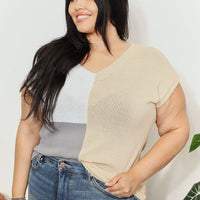 Color-block knit top with V-neck and short sleeves; beige, white, and gray color panels
