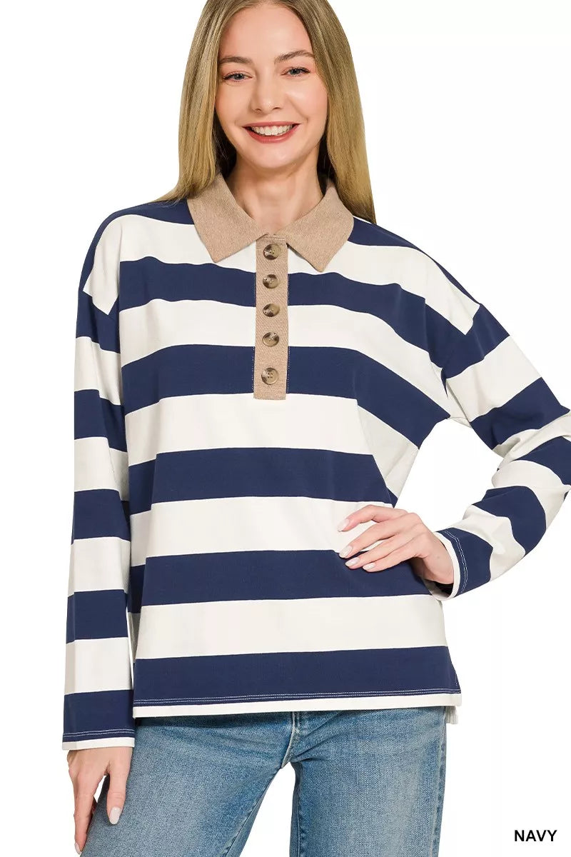 Navy and white striped long-sleeve polo with tan contrast collar and three-button placket