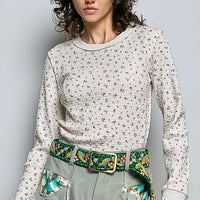 Ivory ribbed knit crew neck long sleeve top with tiny floral print