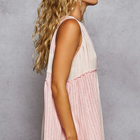 Two-tone pink and cream pintuck tank top with lace-trim V neckline