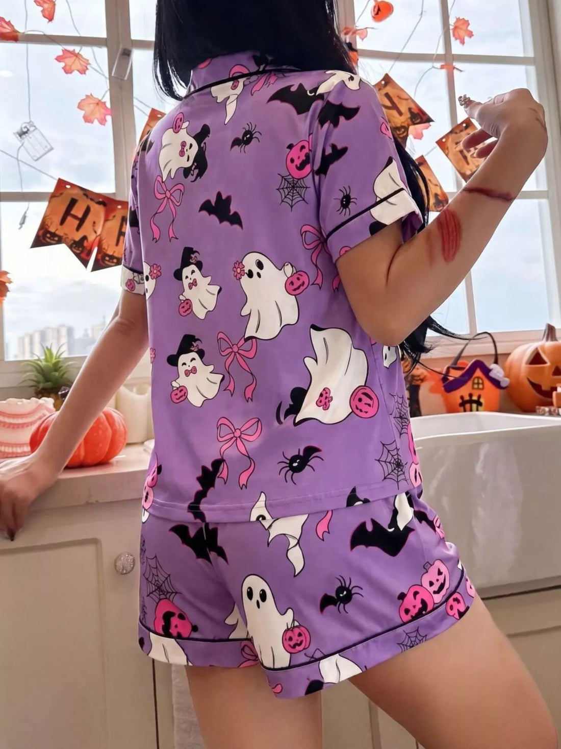 Purple Halloween lounge set with button-front top and shorts, ghost bats pumpkin print