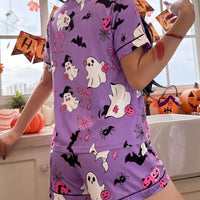 Purple Halloween lounge set with button-front top and shorts, ghost bats pumpkin print