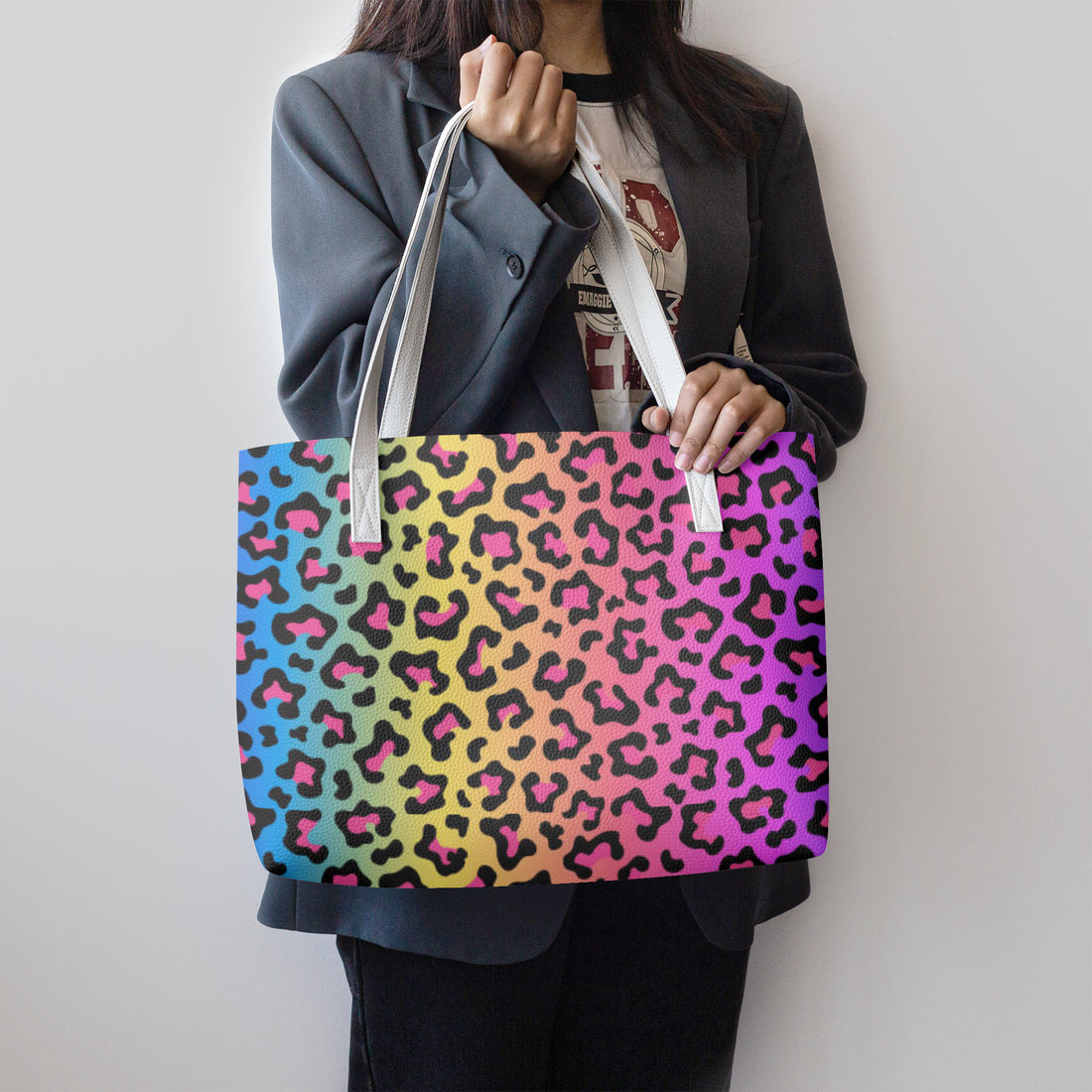 Rainbow Multi Color Leopard Print Vegan Leather Tote Handbag