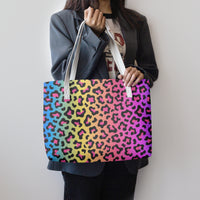 Rainbow Multi Color Leopard Print Vegan Leather Tote Handbag
