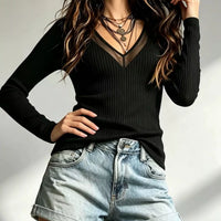 Black V-neck ribbed long-sleeve tee with sheer mesh V yoke detail