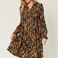 Caramel and black animal-print long-sleeve dress with tiered ruffle hem