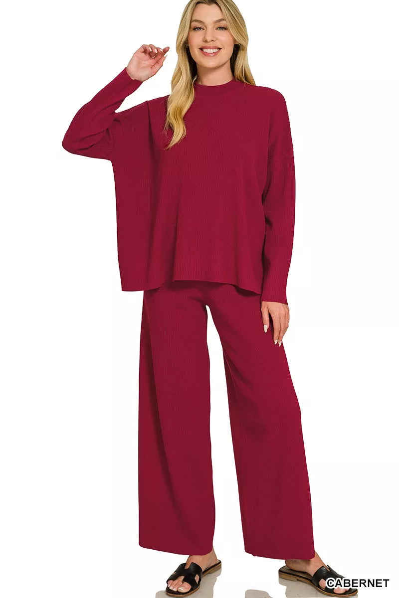 Cabernet viscose sweater top and wide-leg pants set, long sleeves