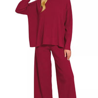 Cabernet viscose sweater top and wide-leg pants set, long sleeves