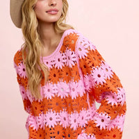 Orange and pink flower crochet top with long sleeves, scoop neck, pullover style.