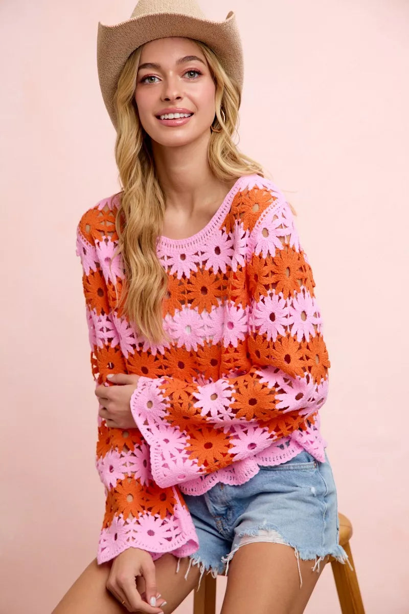 BiBi crochet flower knit top, pink/orange long sleeves, round neckline