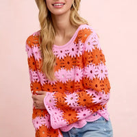 BiBi crochet flower knit top, pink/orange long sleeves, round neckline