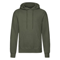 Olive green pullover hoodie with hood and drawstring, front pouch pocket