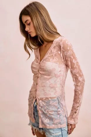 Dusty rose sheer mesh cardigan top with bow pattern, V-neck, long sleeves, buttons front