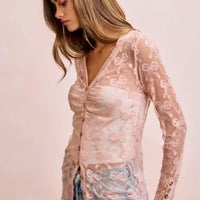 Dusty rose sheer mesh cardigan top with bow pattern, V-neck, long sleeves, buttons front