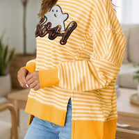 Gold and white striped long-sleeve Halloween top with sequin ghost “Boo!” graphic