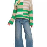Lightweight wool blend sweater with green and tan color blocks, long sleeves
