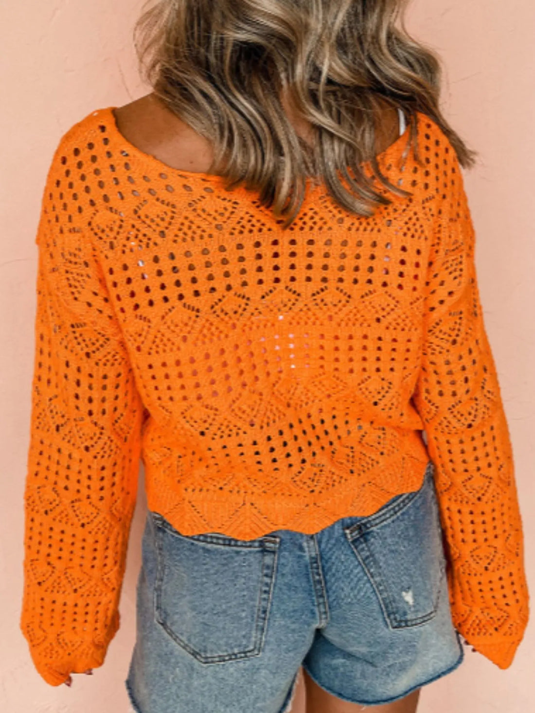 Orange crochet boat-neck knit cover-up, diamond openwork stitch pattern, long sleeves