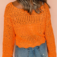 Orange crochet boat-neck knit cover-up, diamond openwork stitch pattern, long sleeves