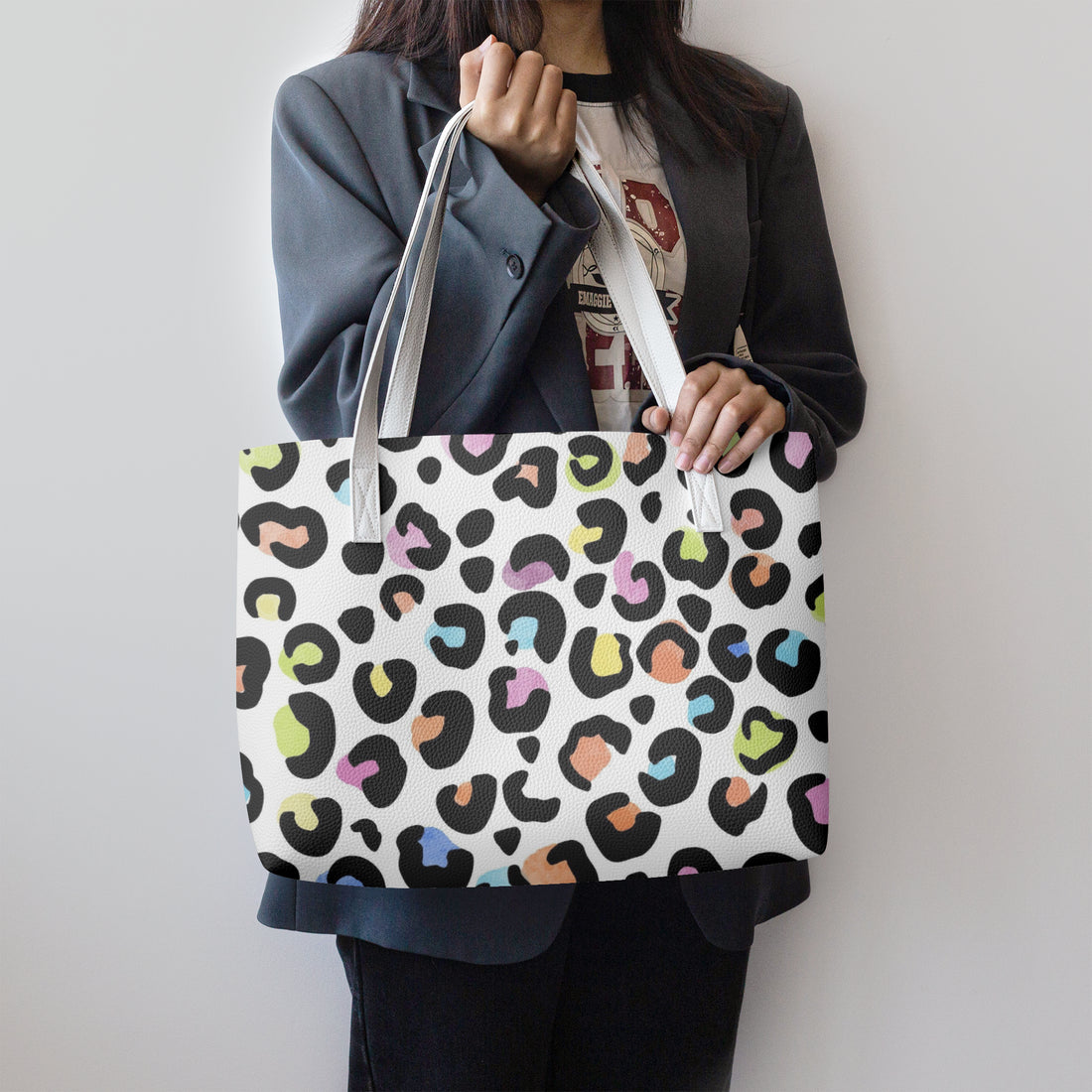 Multi Color Leopard Print White Base Vegan Leather Tote Handbag