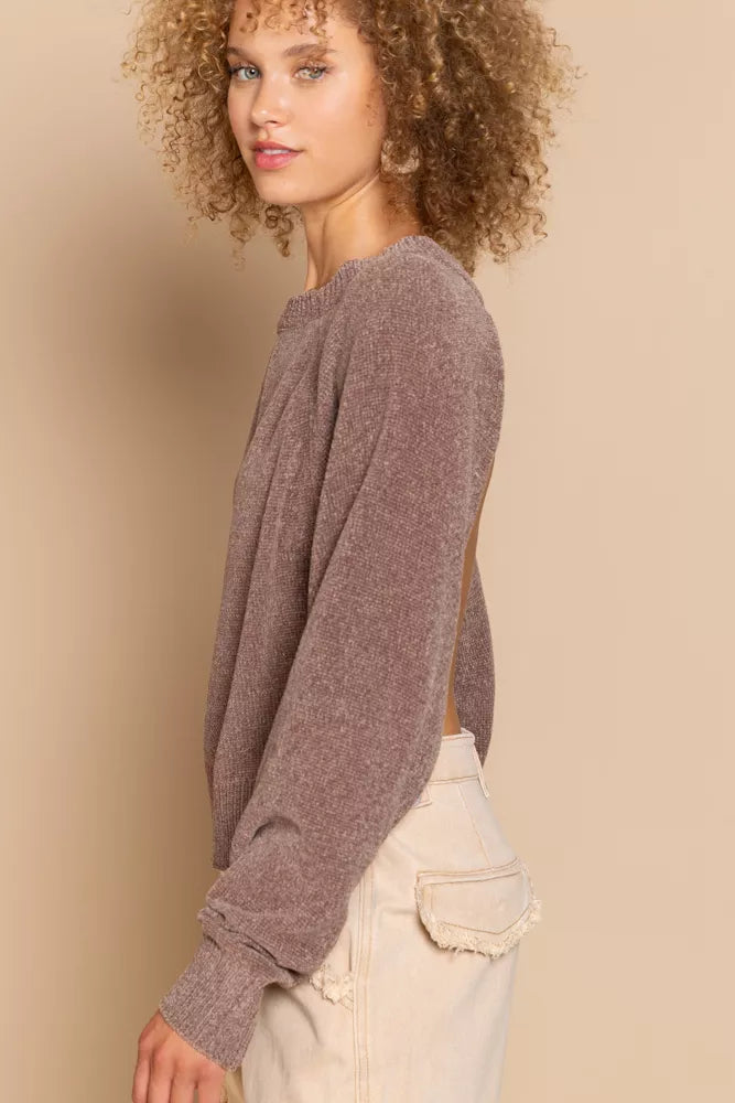 Chocolate brown round-neck backless sweater, side view, ribbed cuffs and hem
