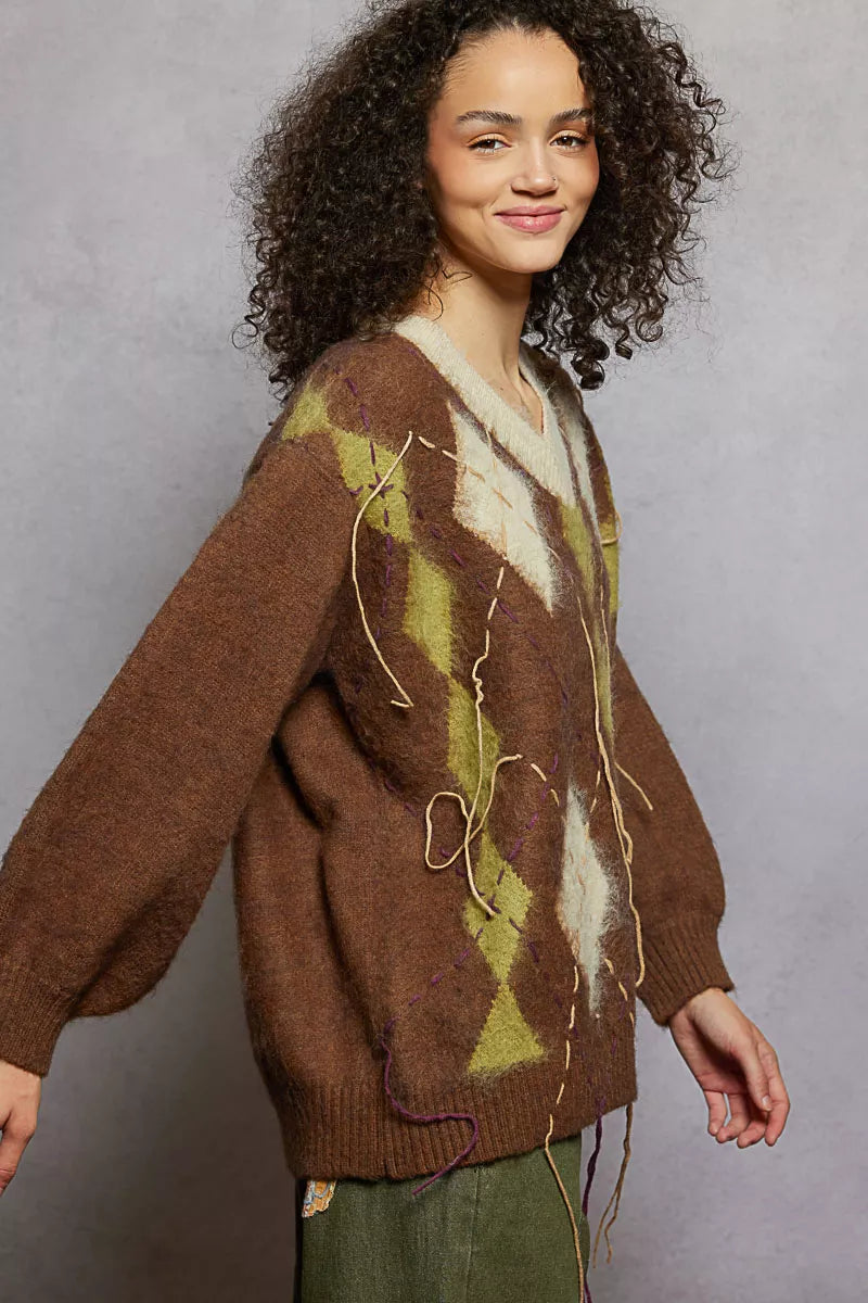 Brown mohair V-neck argyle sweater with diamond pattern and contrast exposed stitching on seams