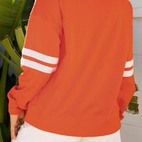 Orange sweatshirt back view with white striped sleeve bands