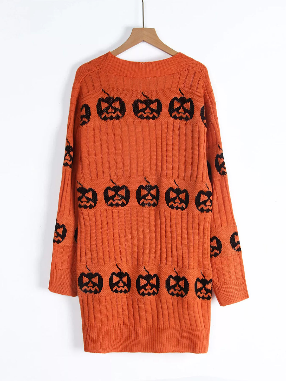 Orange open-front knit cardigan with black jack-o&