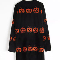 Black open-front knit cardigan featuring orange pumpkin jack-o'-lantern print all over