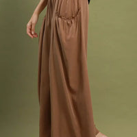 Brown wide-leg pocket pants, elastic waist and draped pleats, full-length