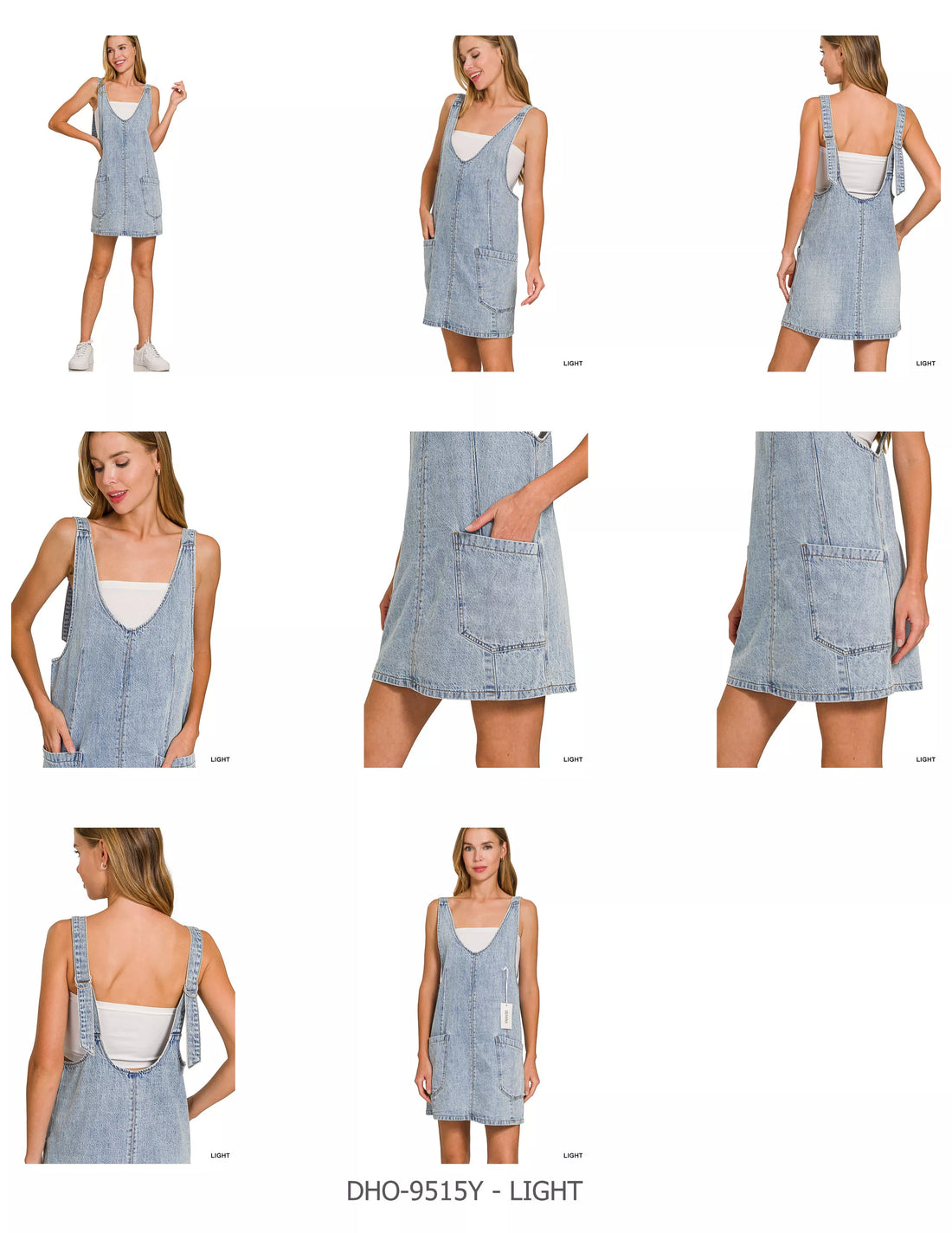 Light blue denim overall dress with front pockets, sleeveless V-neck, adjustable straps
