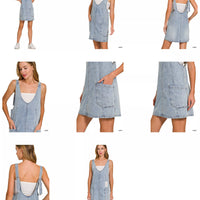 Light blue denim overall dress with front pockets, sleeveless V-neck, adjustable straps